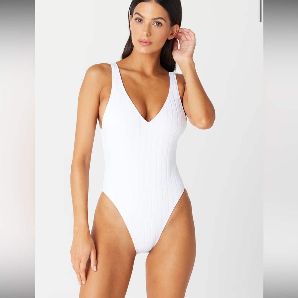 GIGI C White One Piece Swimsuit with Deep V-Neck and High-Cut Legs